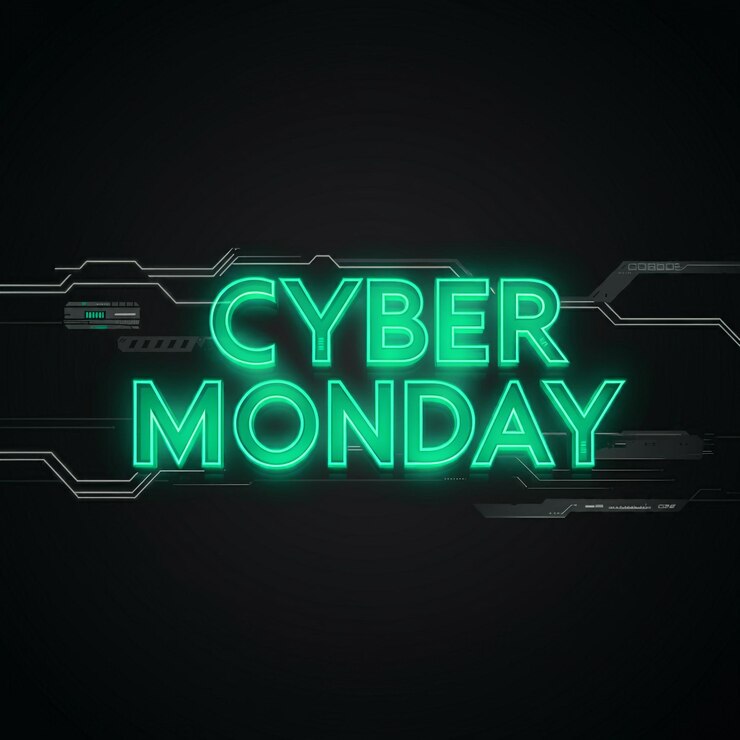 Foto un fondo negro con un letrero de neón verde que dice cyber lunes en él