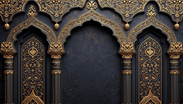 Fondo negro de lujo con ornamento dorado Ilustración 3D de fondo islámico