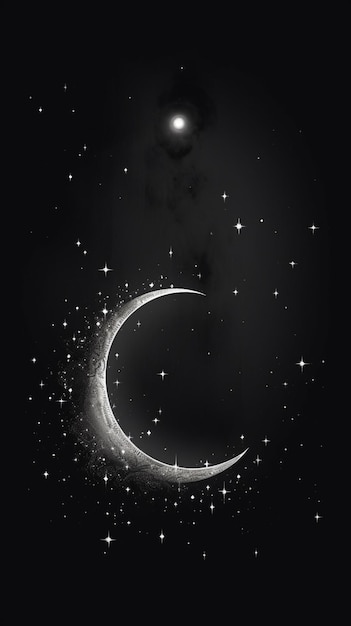 Un fondo negro con una luna creciente y estrellas.