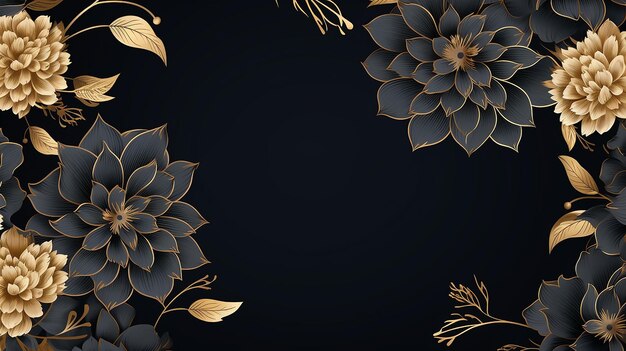 fondo negro con marco floral de lujo vintage con con flores de dahlia doradas