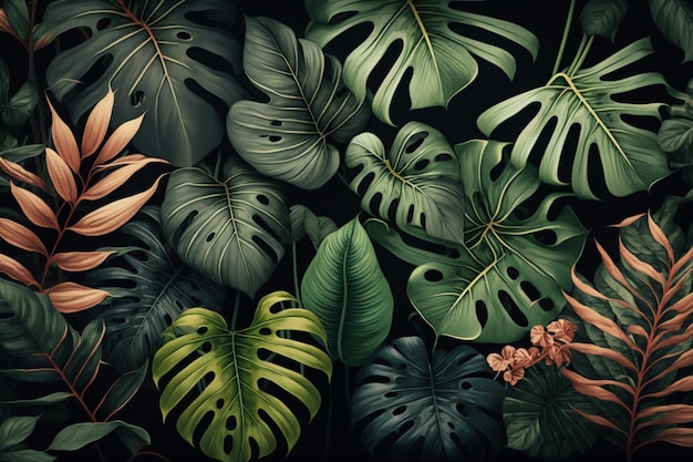 Un fondo negro con un montón de plantas tropicales.