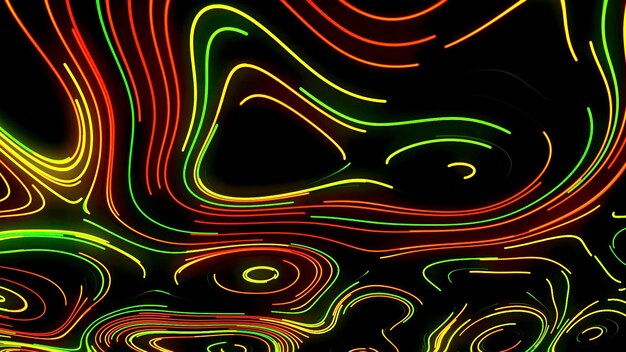 Fondo negro movimiento líneas multicolores brillantes brillan y se estiran para crear patrones
