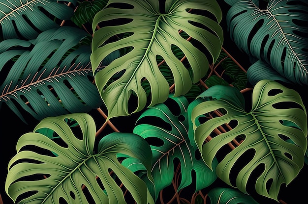 Un fondo negro con un patrón de hoja verde y las palabras monstera en él.