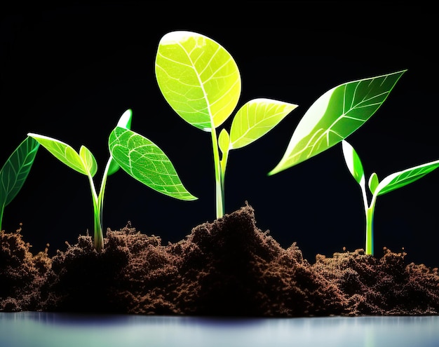 Un fondo negro con plantas que crecen en medio