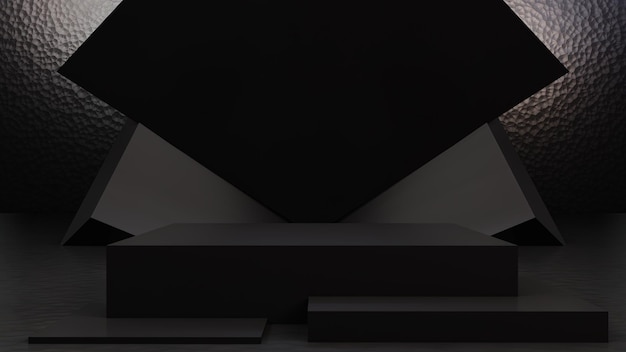 Fondo negro con podio para colocación de productos y escaparate en diseño minimalista.