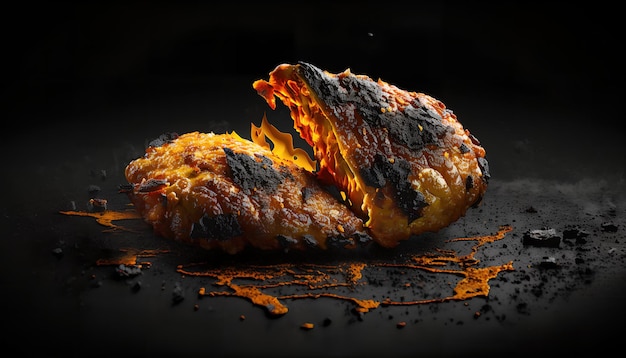 Un fondo negro con un pollo quemado a la izquierda y un trozo de carne quemada a la derecha.