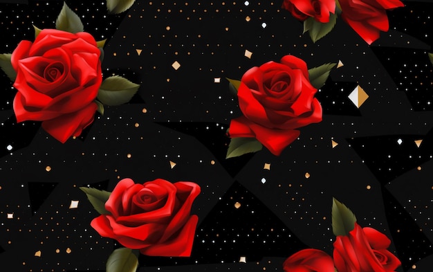 Un fondo negro con rosas rojas y brillo dorado.