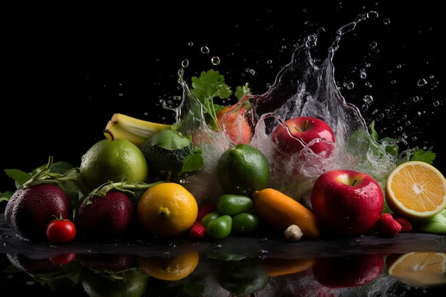 fondo negro con surtido de verduras frescas frutas y salpicaduras de agua