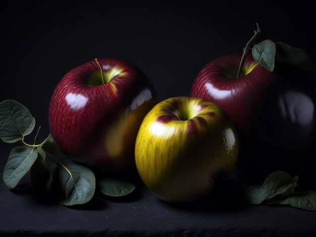 Un fondo negro con tres manzanas y uno tiene un color rojo y amarillo.