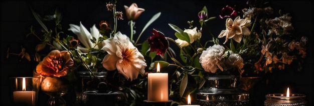 Un fondo negro con velas y flores.