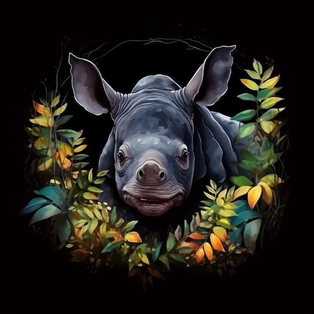 Foto fondo negroabstract color agua estilo de lindo bebé rinoceronte mascota generativo ai
