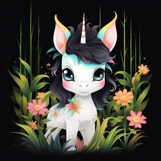 fondo negroabstracto estilo de color agua de la linda mascota del unicornio blanco generativo Ai