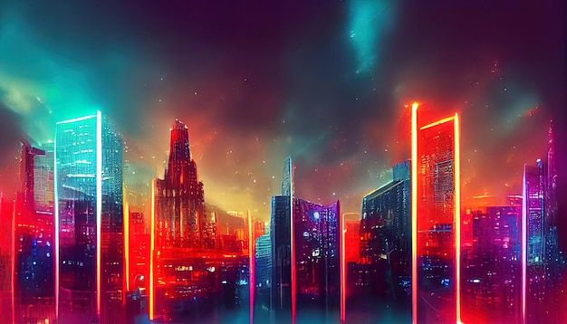 Fondo de neón abstracto 3d líneas verticales ultravioletas brillantes escena urbana del espacio cibernético en realidad virtual calle vacía en rascacielos fantásticos de la ciudad bajo el cielo nocturno