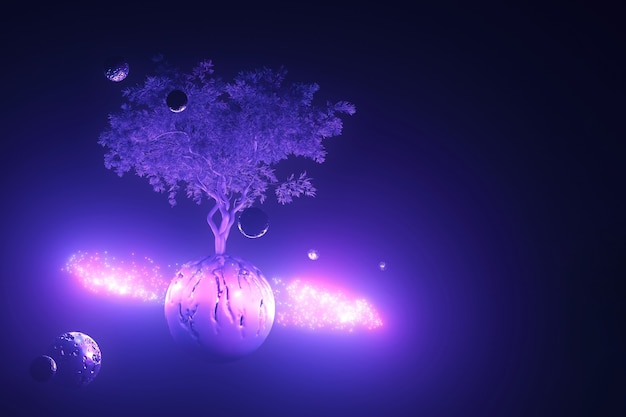 Fondo de neón abstracto, arte espacial místico con árbol a la luz de luz ultravioleta azul rosa que brilla intensamente en el anillo de nubes