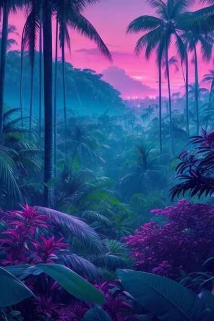 Fondo de neón del bosque tropical por la noche con la ciudad