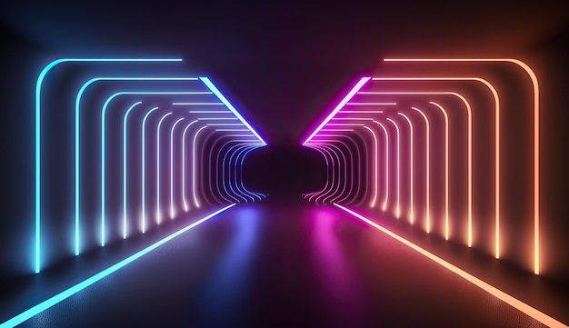 Fondo de neón geométrico abstracto con marco brillante luz láser túnel oscuro fondo futurista