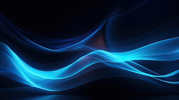 Fondo de neón mínimo abstracto con línea ondulada brillante Pared oscura iluminada con lámparas led Fondo de pantalla futurista azul