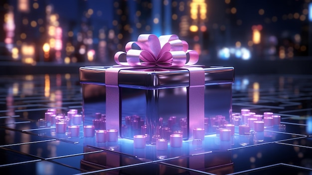 Fondo de neón de navidad con caja de regalo