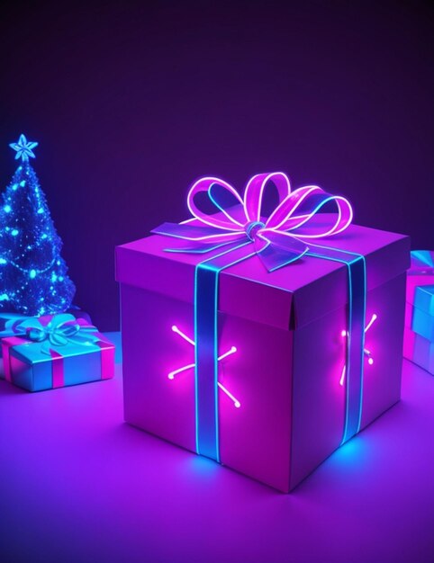 Foto fondo de neón de navidad con caja de regalos