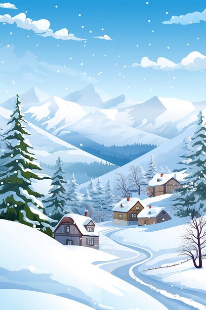 un fondo nevado Ilustración paisaje de invierno con casas árboles y montaña cubierta de nieve