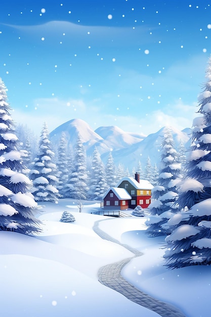 Foto un fondo nevado ilustración paisaje de invierno con casas árboles y montaña cubierta de nieve