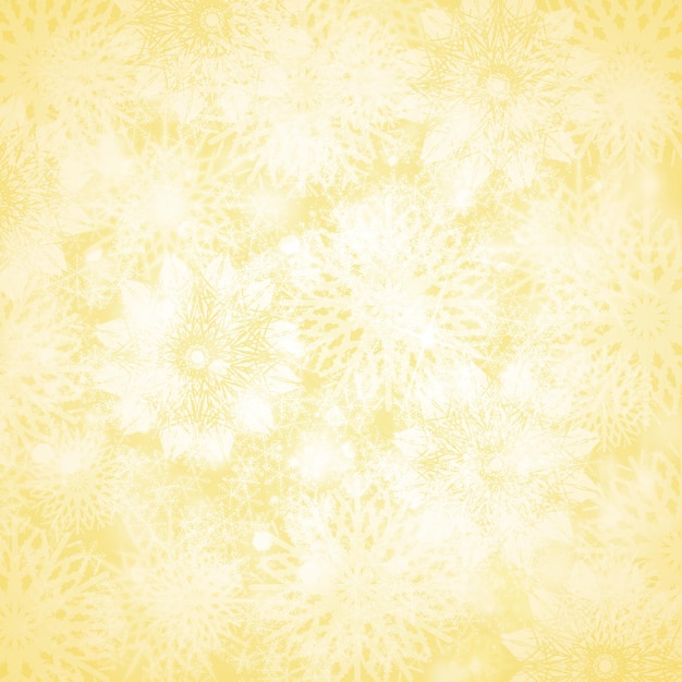 Fondo de nieve con textura brillante de Navidad con copos de nieve y espacio de copia en colores dorados