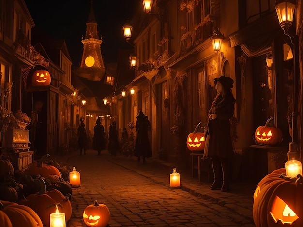 Fondo de noche de Halloween con calabazas generado por IA