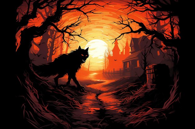 Fondo de noche de Halloween Hombre lobo vector fantasía detalles de alta calidad