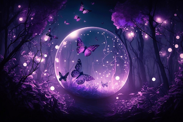 Fondo de noche romántica de fantasía mágica con globos brillantes de mariposas brillantes de luna llena