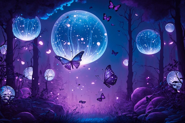 Fondo de noche romántica de fantasía mágica con luna llena y mariposas brillantes en papel tapiz de burbujas