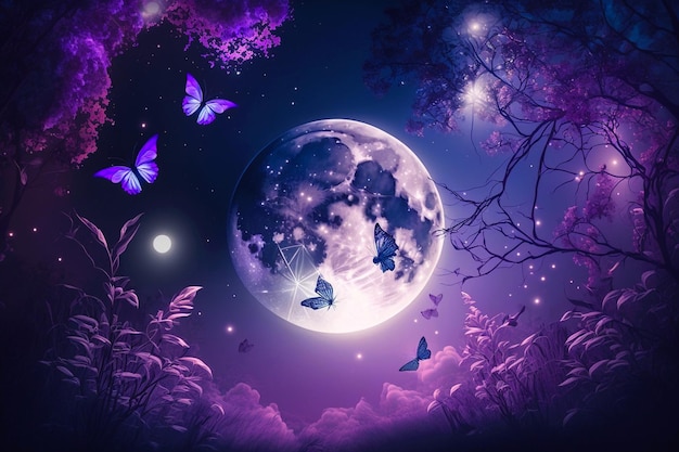 Fondo de noche romántica de fantasía mágica con luna llena y mariposas brillantes en papel tapiz de burbujas