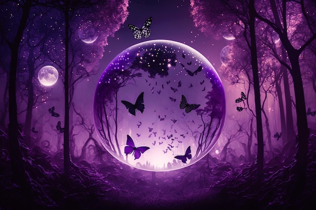 Fondo de noche romántica de fantasía mágica con luna llena y mariposas brillantes en papel tapiz de burbujas