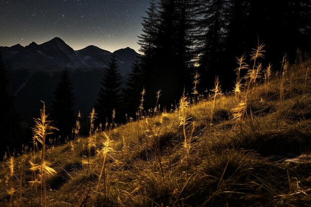 Foto el fondo nocturno del bosque de algarrobo con agujas doradas