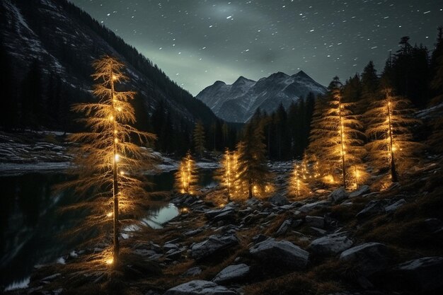 Foto el fondo nocturno del bosque de algarrobo con agujas doradas