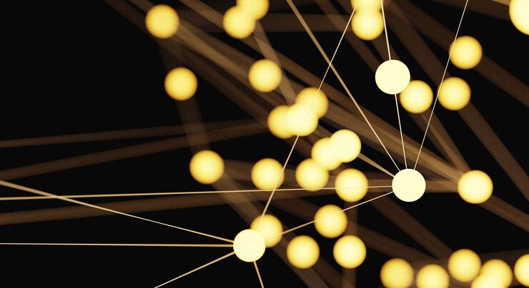 Foto fondo de nodo de iluminación brillante de red dorada y amarilla abstracta en el espacio oscuro vinculación científica y representación de ilustración 3d del concepto de datos digitales