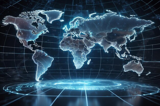 fondo de noticias con un mapa del mundo holográfico 3D que hace transiciones entre diferentes zonas horarias