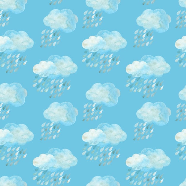 Fondo de nube de lluvia Estilo de dibujos animados de acuarela de patrones sin fisuras de nubes azules productoras de lluvia