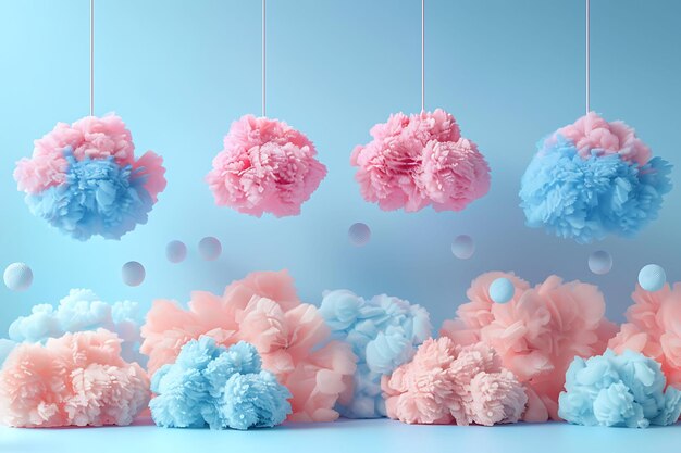 Foto el fondo de las nubes fluffy pom pom compuestas de fluffy pom poms tactile co collage layout art