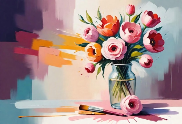 fondo de la olla de flores y la pintura con pincel