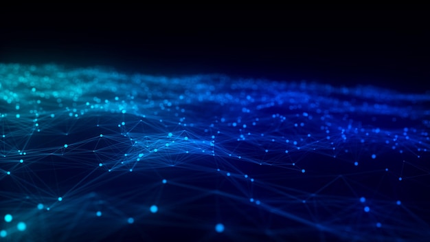 Fondo de ondas abstractas de color con puntos y líneas que se mueven en el espacio Ilustración tecnológica Renderización 3D de ondas dinámicas modernas futuristas