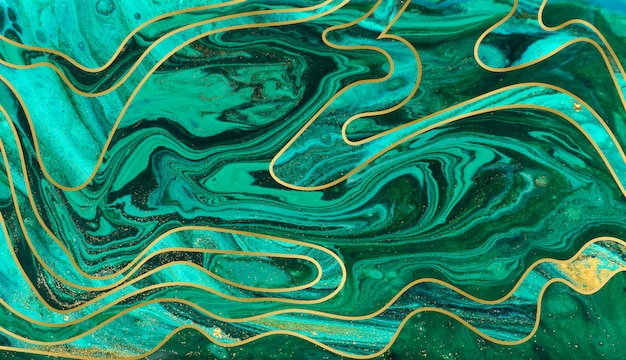 Fondo de ondulación verde, azul y oro. textura de mármol con capas. partículas de oro