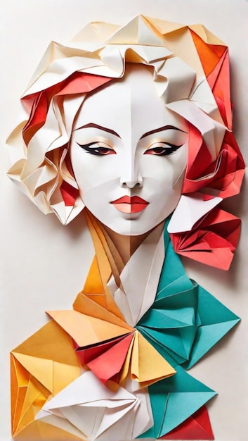 fondo de origami de rostro de mujer con cabello colorido y ropa en fondo blanco