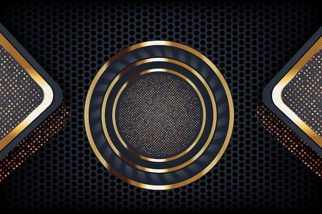 Fondo oscuro abstracto con marco circular dorado y puntos negros