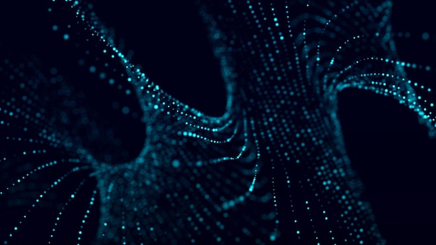 Fondo oscuro abstracto con movimiento de partículas luminosas Representación 3D de tecnología digital
