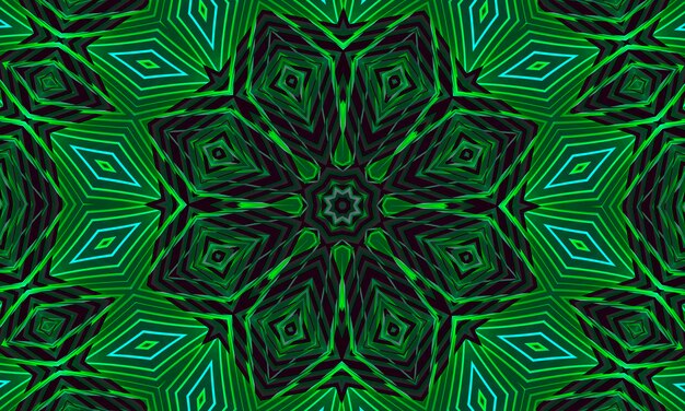 Un fondo oscuro con un adorno verde brillante en forma de flor estilizada. Patrón de caleidoscopio para el diseño.