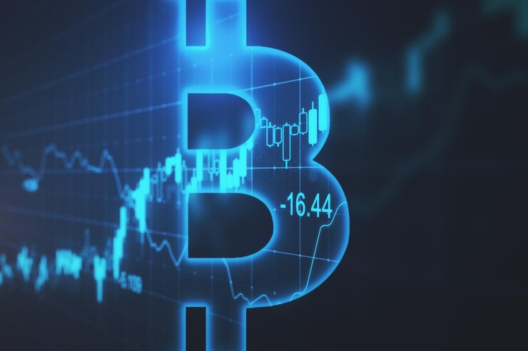Foto fondo oscuro brillante con el símbolo de bitcoin