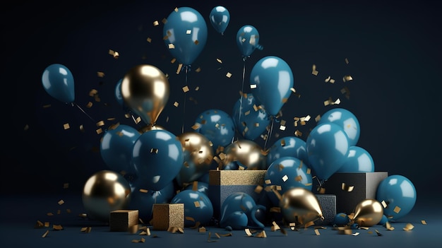 Fondo oscuro de celebración con regalos de globos de oro azul y confeti generado por IA