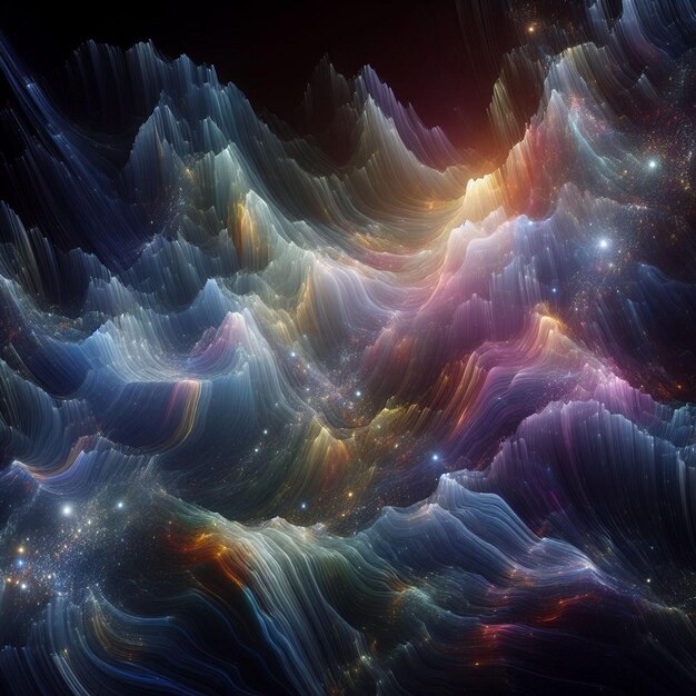 Con un fondo oscuro y colores iridescentes refractándose a través de una textura de vidrio 3D este diseño abstracto es etéreo y naturalista