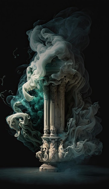 Un fondo oscuro con una columna y humo saliendo de ella.