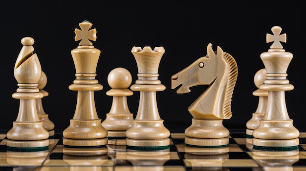 El fondo oscuro destaca piezas de ajedrez en el tablero emblemático de juego estratégico y